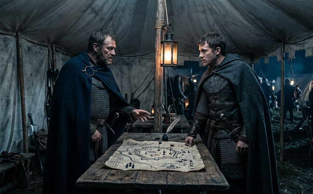 Generated picture of two commanders across a map table inside a tent.
