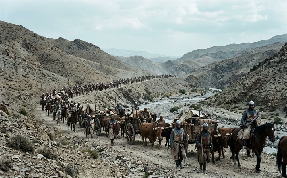 Generated picture of a column of knights and ox carts on a mountain path.