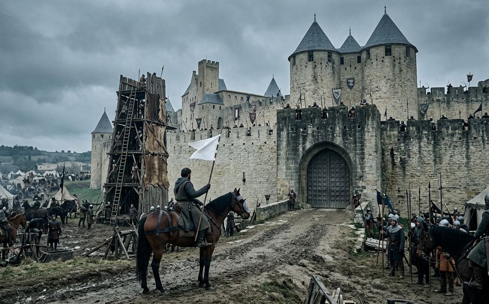 Generated picture of a rider with a white banner before a walled city and a siege tower.