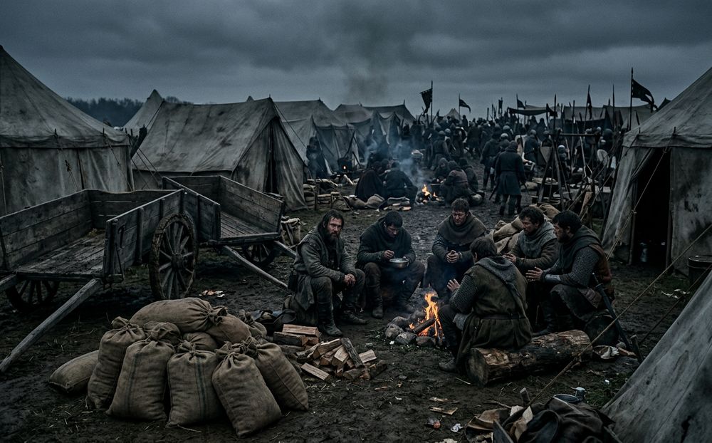 Generated picture of an army camp with grain sacks, wagons and a cookfire.
